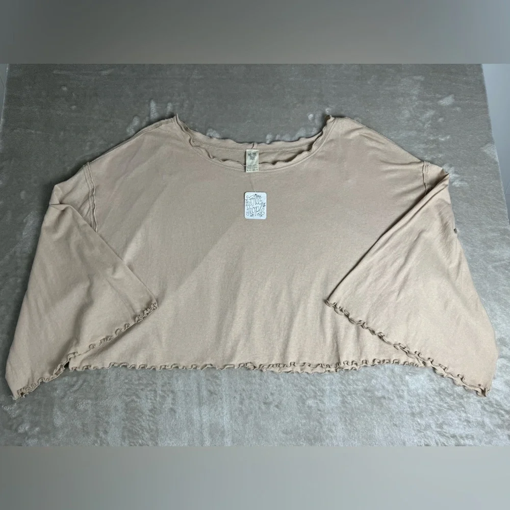 NWT We The Free Bird Gang Tan Sand Ruffle Hem Crop Top Bell Sleeve Womens Medium